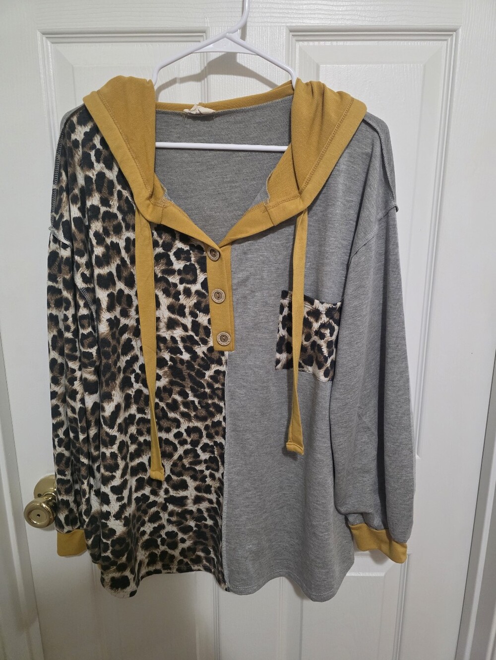 BiBi Gray & Mustard Hoodie with Leopard Panels